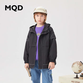 MQD童装男大童2023年秋季潮酷休闲连帽风衣 黑色 120