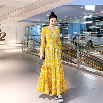 【女装新款】波点V领气质大摆长裙2021秋季新款韩版可盐可甜小邹菊碎花连衣裙 小邹菊黑色 XL 125-140斤