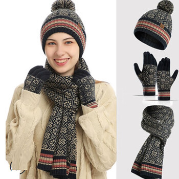 汀梵娜帽子围巾手套三件套男女情侣生日复古可爱百搭加绒加厚保暖棉