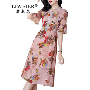 黎威尔品牌女装轻熟风粉色V领印花真丝裙夏装2021年新款欧美修身洋气碎花连衣裙 粉色 L