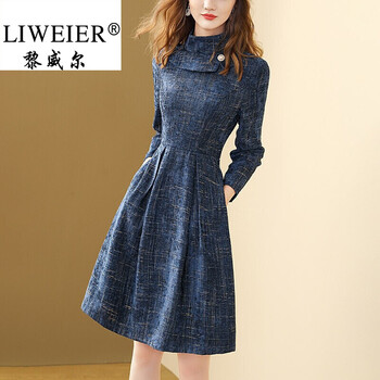 黎威尔品牌女装半高领连衣裙女2021年秋季新款高端蓝色A字裙高腰七分袖裙子 蓝色 165/88A/L