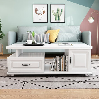 初暖茶几电视柜组合实木钢化玻璃双层茶台定制边几小户型客厅茶几桌 白色抽屉+白玻璃 茶几120*60*40