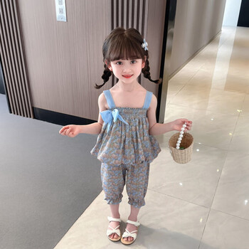迪凡熊夏季女孩衣服薄款碎花吊带女童套装可爱洋气小童夏装一岁宝宝