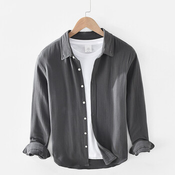 男士日系简约风加厚双层棉纱衬衫青年宽松压皱方领长袖棉衬衣灰色xxxl