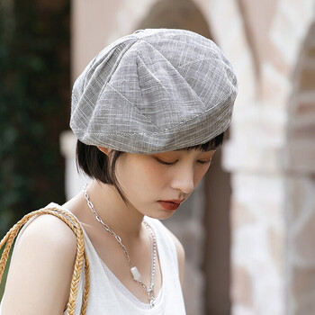 玛芮百利mauropoli贝雷帽夏季薄款女新款条纹画家帽日系棉麻蓓蕾帽