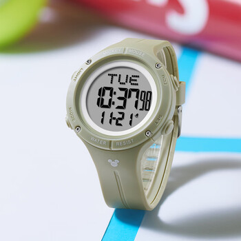 迪士尼电子手表女学生夜光防水初高中生男女运动手表多功能电子表绿色
