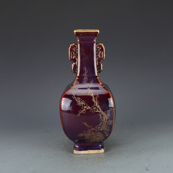 璟馆大清乾隆窑变描金花卉双耳瓶大花瓶陶瓷古玩收藏装饰品仿古瓷器