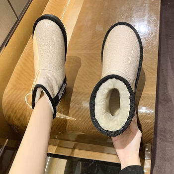 麦娅洛雪地靴女面包鞋东北新款冬季果冻加厚绒透明亮皮面耐水棉鞋米色