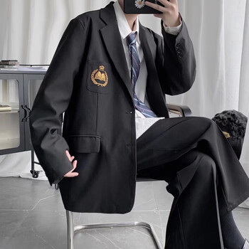芜威痞帅感刺绣西装男外套春秋潮流学院风毕业季班服小众西服情侣黑色