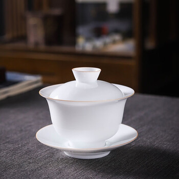 景德镇白瓷盖碗茶杯薄胎三才茶碗家用大号不烫手单个潮汕功夫陶紫金线