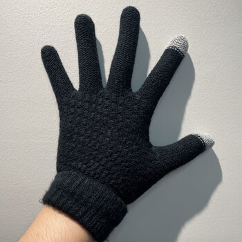 加厚保暖针织手套骑行男士手套纯色毛线手套女士1双黑色纯棉加绒弹性
