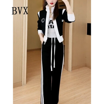BVX潮流运动套装女新款网红气质休闲开衫卫衣春秋装小个子时尚两件套 黑色 L