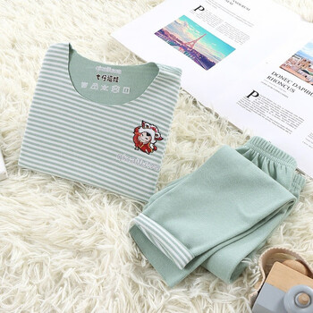 儿童保暖内衣套装秋冬宝宝秋衣秋裤长袖套装睡衣家居服 无骨条纹豆绿 80cm