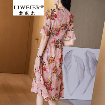 黎威尔品牌女装轻熟风粉色V领印花真丝裙夏装2021年新款欧美修身洋气碎花连衣裙 粉色 L