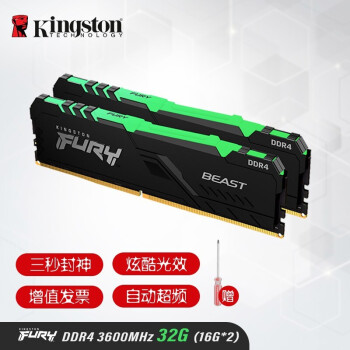 金士顿（Kingston） 金士顿Beast野兽系列灯条 Fury系列骇客X条 RGB台式机内存条 DDR4 3600 32G（16G*2)灯条 RGB灯条