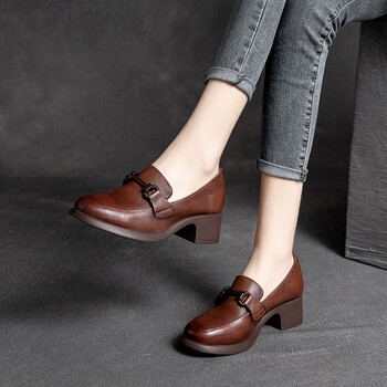 仓梵春秋新款方头中高跟皮鞋女粗跟妈妈单鞋复古真i皮手工牛皮女鞋