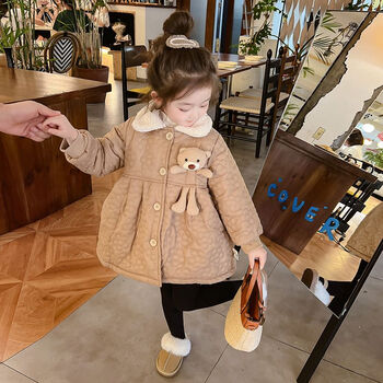 洋气儿童冬装棉服加厚宝宝中长款大衣小女孩棉袄衣服棕色小熊棉衣140