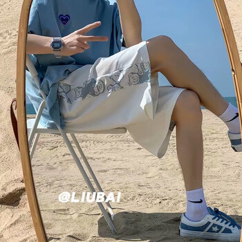 夏季印花短裤男港风宽松直筒阔腿五分裤潮流百搭学生痞帅休闲中裤白色