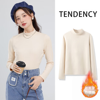 La Chapelle City拉夏贝尔咖色德绒打底衫2023秋冬季新款女士简约加绒内搭秋衣上衣 杏-纯色 S