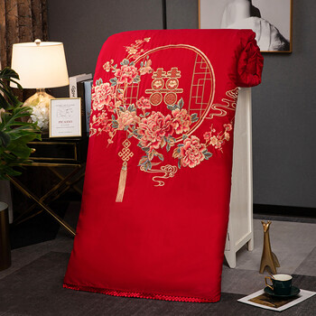 全棉刺绣蚕丝被结婚被喜被冬被子大红陪嫁桑蚕丝双人婚庆被芯花好月圆