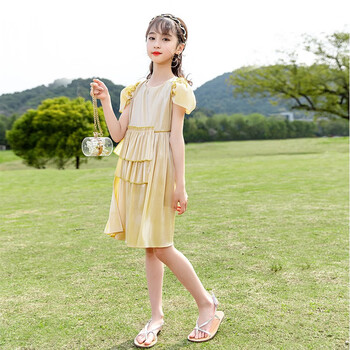 2023新款中大童装11岁小女孩学生时尚公主裙子卡其色170大约成人m码