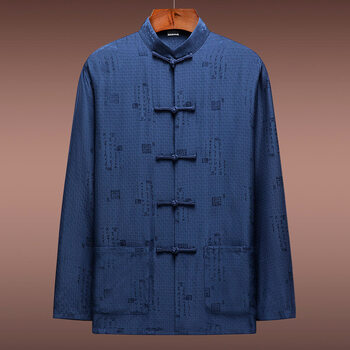 君子企鹅桑蚕丝唐装男春秋长袖上衣中老年爸爸中式禅意茶服老头装真丝