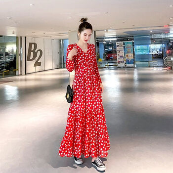 【女装新款】波点V领气质大摆长裙2021秋季新款韩版可盐可甜小邹菊碎花连衣裙 小邹菊黑色 XL 125-140斤