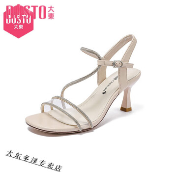 大东dusto女鞋夏季新款甜美一字扣带水钻高跟细跟时尚凉鞋米色有掉钻