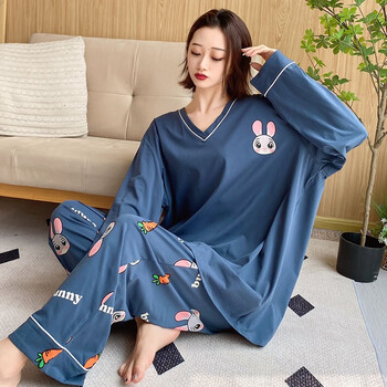 秋千坠秋天纯棉睡衣秋季女款大码胖mm200斤宽松加肥长袖长裤家居服