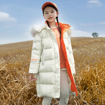 加厚中长款小女孩衣服9一12岁童装女冬装新款字母印花大毛领连帽上衣