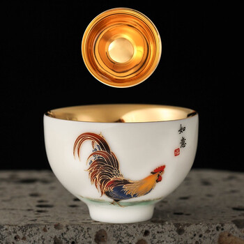 福吾至嘉金鸡杯24k鎏金茶杯主人杯单杯小容量公鸡品茗杯镶金茶盏功夫