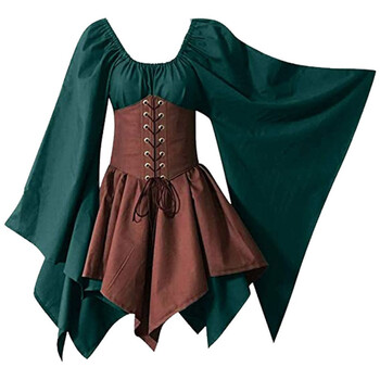 大摆水袖束腰圆领修身短裙文艺复兴历史剧演出服 绿色裙子 棕色束腰
