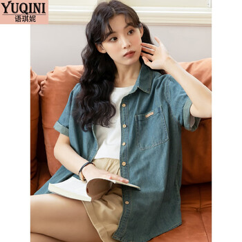 港风水洗正肩短袖牛仔衬衫外套女夏季韩版宽松小个子上衣复古蓝均码