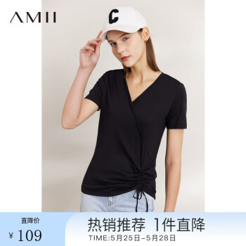 Amii2022夏季新款时尚休闲V领全棉T恤女抽褶百搭短袖打底衫上衣 黑色 155/80A/S