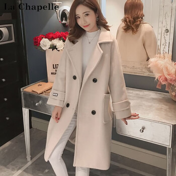 大衣女加厚中长款韩版新款秋冬装学生赫本风外套米白色xl建议135150斤