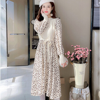 【高品质】【品牌特价】法式碎花灯芯绒针织碎花连衣裙子女装秋冬装年新款打底冬裙女 白色 S