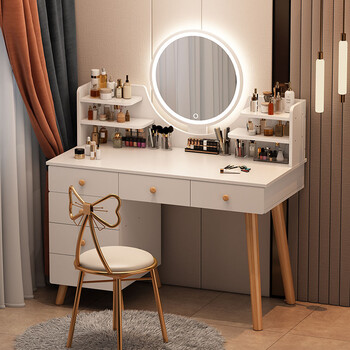 欧诺祥 梳妆台卧室化妆台实木腿化妆桌现代简约梳妆柜一体式化妆柜 暖白色 100cm桌+柜+LED灯+蝴蝶椅