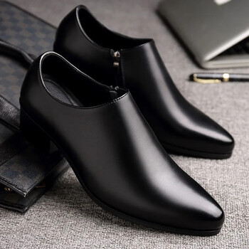 男式高跟单皮鞋男士鞋英伦商务正装男发型师尖头鞋真眞皮牛皮拉链男鞋