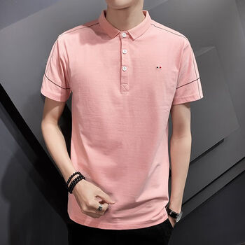 蝶泣美国汤米男士商务休闲翻领polo衫中年薄款港风透气短袖上衣粉色xl