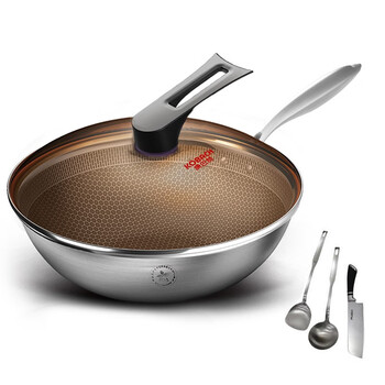 康巴赫304不锈钢炒锅少油烟不粘锅经典全屏蜂巢炒菜锅明火电磁炉通用