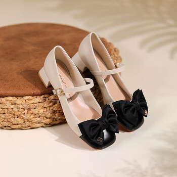 百丽踏春季蝴蝶结方头玛丽珍鞋女粗跟中跟秋季新款学院单鞋小皮鞋米