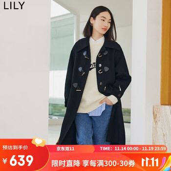 LILY2022冬新款女装舒适全绵羊毛复古牛角扣气质纯色长款毛呢外套 510黑 L