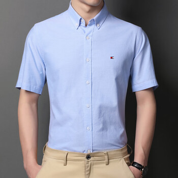 tommyjeans美国汤米男士短袖衬衫春夏季纯棉免烫休闲衬衣半袖上浅蓝t