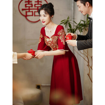 小个子新娘迎宾服回门礼服敬酒服新娘酒红色订婚结婚答谢宴礼服女小