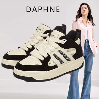 达芙妮(daphne)厚底板鞋女款高帮鞋春秋黑白熊猫百搭鞋休闲运动鞋2024