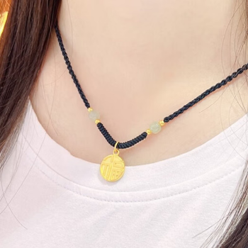 k宝黄金足金999福牌金珠编绳项链2023新款小福牌吊坠锁骨链情人节礼物