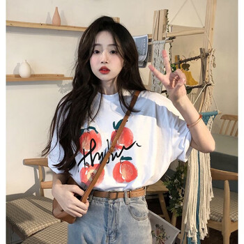 春夏新款短袖恤女潮夏季学生韩版宽松白色打底衫上衣服白色水彩桃子s