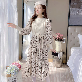 【高品质】【品牌特价】法式碎花灯芯绒针织碎花连衣裙子女装秋冬装年新款打底冬裙女 白色 S