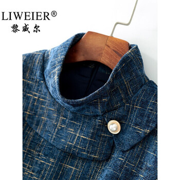 黎威尔品牌女装半高领连衣裙女2021年秋季新款高端蓝色A字裙高腰七分袖裙子 蓝色 165/88A/L