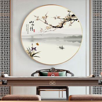 森暮舟(sengmuzhou) 家和万事兴圆形装饰画 新中式书房背景墙花鸟图